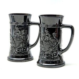 Tiara Indiana Glass Embossed Black Glass Beer Steins Mugs Vintage Set of 2